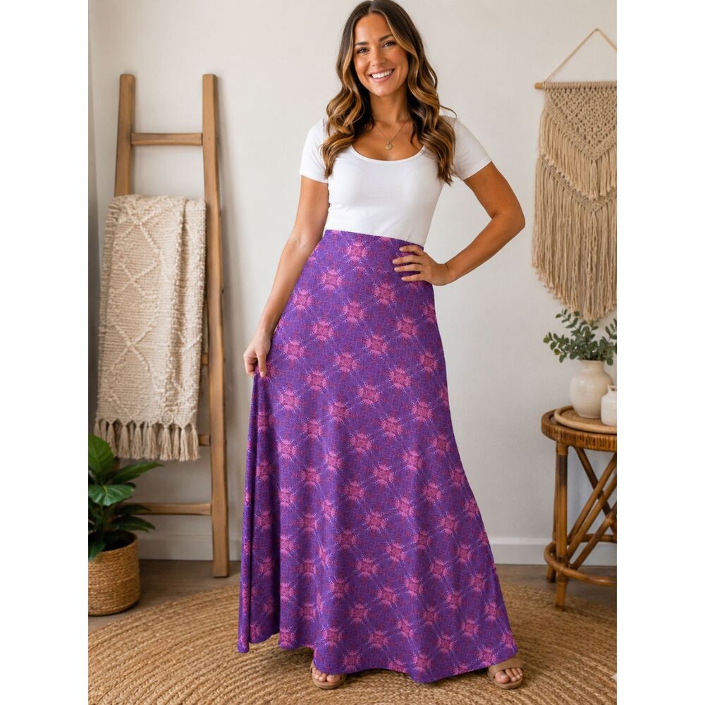 NWT LuLaRoe Maxi Skirt 2XL Purple Pink Geometric Stretch Knit Floor Length